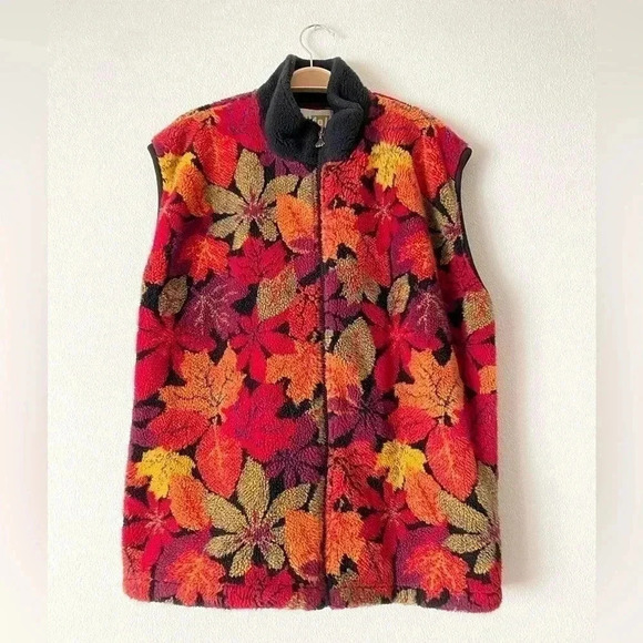 Duffel Outdoor Jackets & Blazers - Vintage Retro Autumn Fall Leaves 90s Fleece Mock Neck Full Zip Vest Size Large